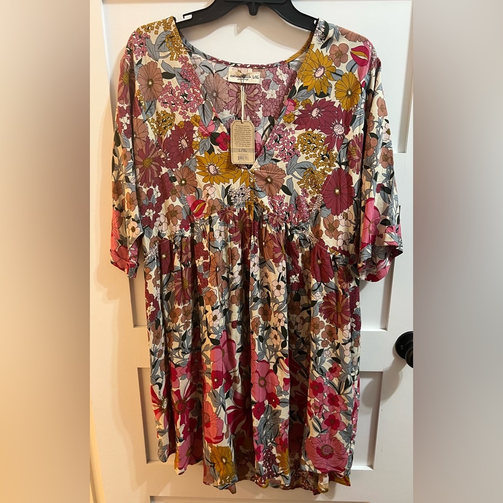 NATURAL LIFE Stella v-neck floral boho mini dress L XL NWT